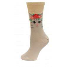 HotSox Cat Flower Crown Socks, Natural Melange, 1 Pair, Women Shoe 4-10