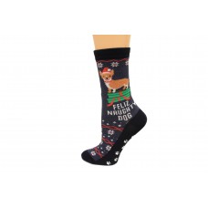 Hot Sox Women's Holiday Fun Novelty Crew Socks, FELIZ Naughty Dog (Denim Heather), Shoe Size: 4-10