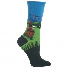 Hot Sox Women's Travel Series Novelty Crew, Wine Country (Washed Blue), Shoe Size: 4-10 (Sock Size: 9-11)