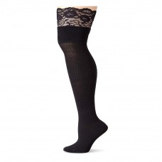 K. Bell Mock Rib Lace Top Over the Knee Socks, Black, Sock Size 9-11/Shoe Size 4-10, 1 Pair