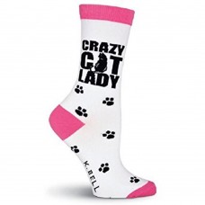 K. Bell Crazy Cat Lady Crew Socks, White, Sock Size 9-11/Shoe Size 4-10, 1 Pair
