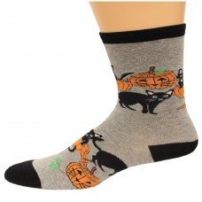 K. Bell Cats & Pumpkins Crew Socks, Gray Heather, Sock Size 9-11/Shoe Size 4-10, 1 Pair
