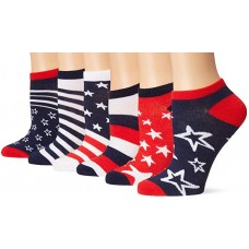 K. Bell Stars & Stripes 6 Pair Pack No Show Socks, White Assorted, Women's  Size Shoe 9-11